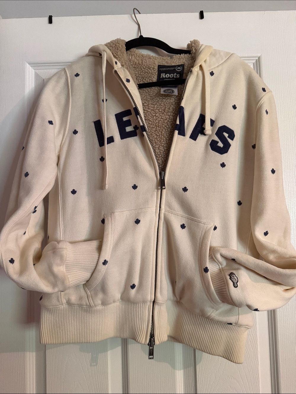 Roots NHL Cream Zip Sherpa hoodie with Toronto Maple Leafs details